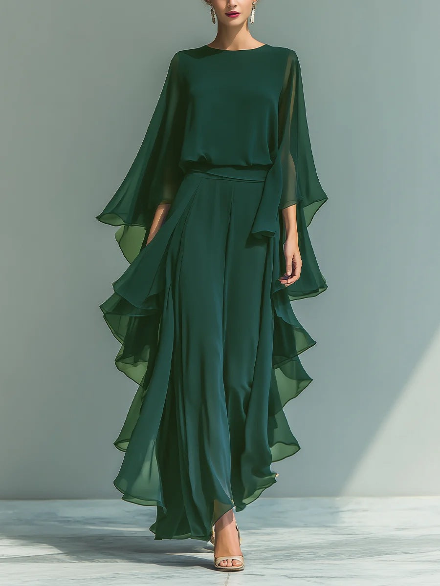 Ladies' Navy Blue Chiffon Top with Flared Sleeves and Straight Leg Pants Set with Ruffle Trim