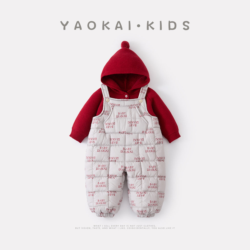 Cotton-Padded Fleece Letter Overalls Set with Hooded Sweater Two-Piece Outfit
