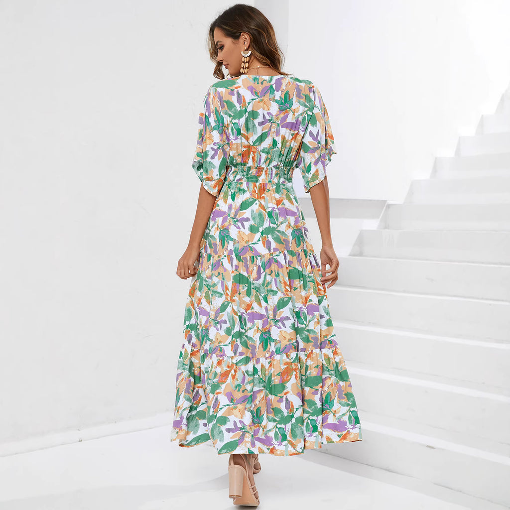 V-neck waist cinched printed dress