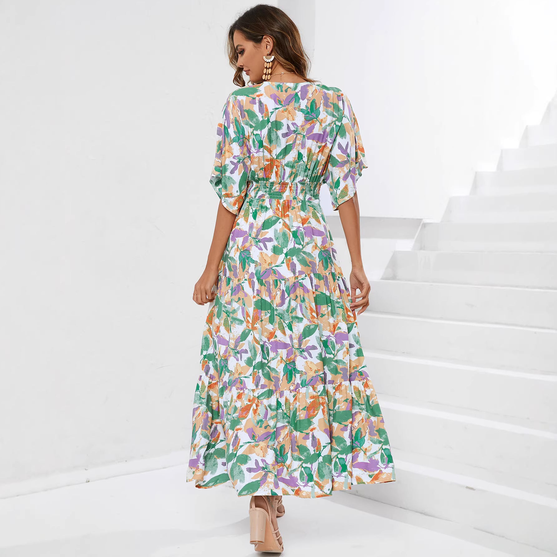 V-neck waist cinched printed dress