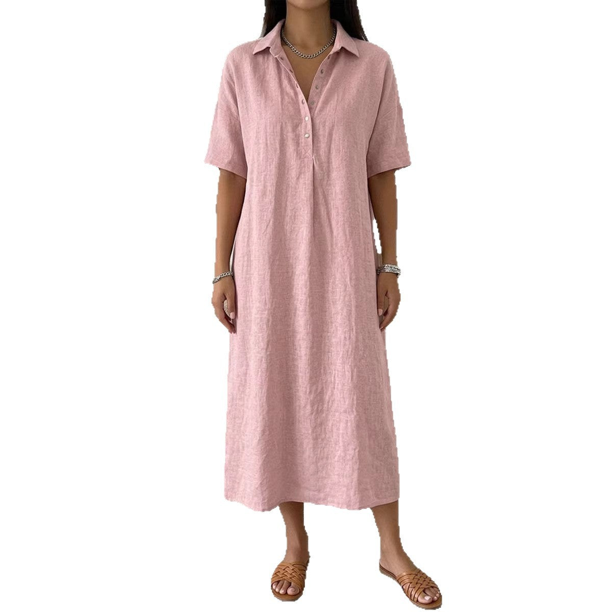 Casual Straight Fit Comfortable Linen Short Sleeve Polo Neck Dress for Women
