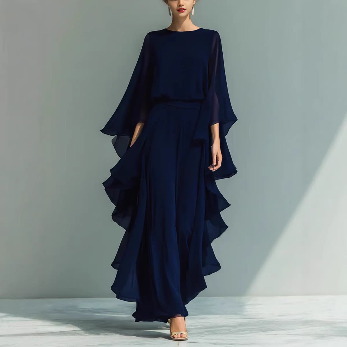 Ladies' Navy Blue Chiffon Top with Flared Sleeves and Straight Leg Pants Set with Ruffle Trim