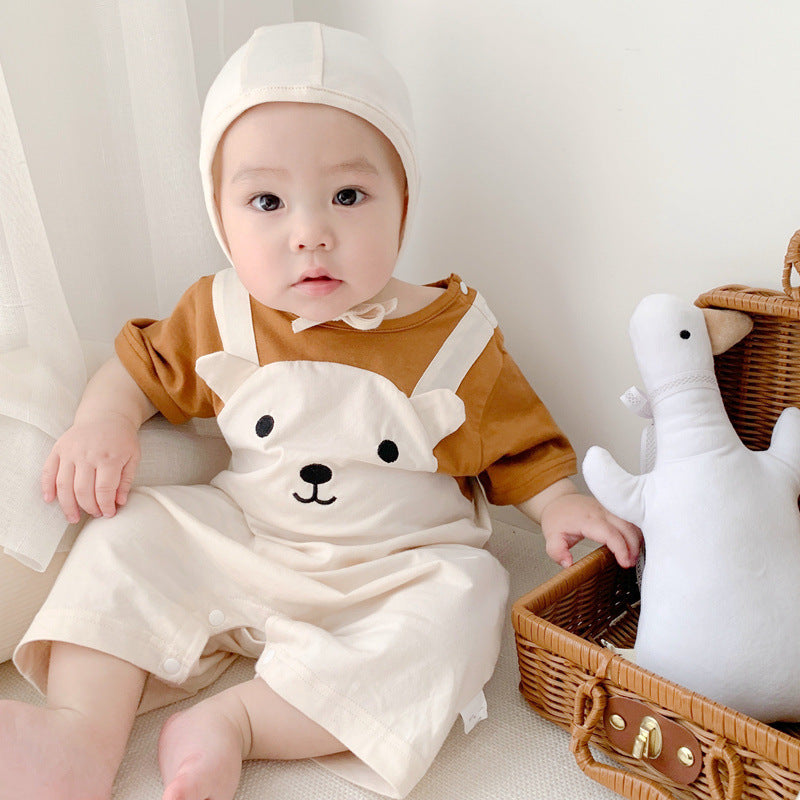 Cute and Adorable Baby Short Sleeve Onesie with Hat, Fake Two-Piece Set, Lightweight Crawling Suit