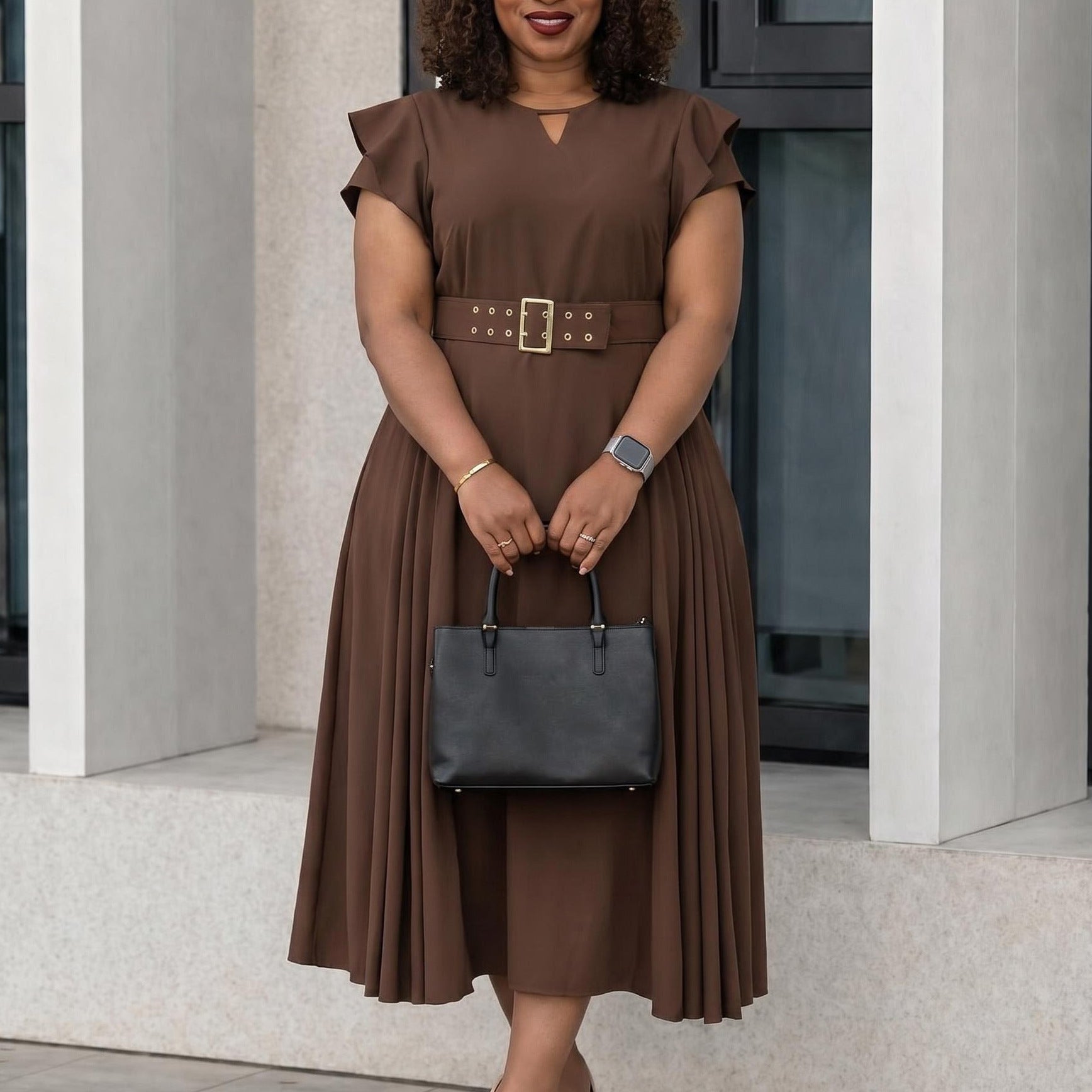 Short sleeved solid color high waist mid length dress