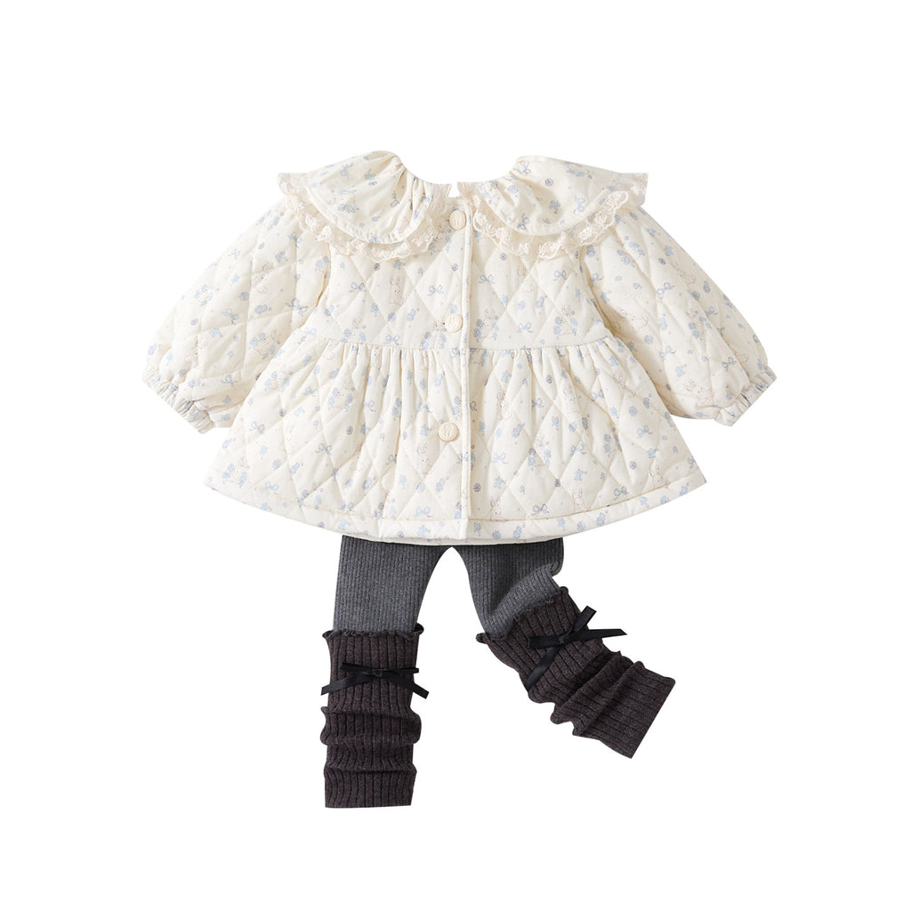 Floral Cotton Jacket Set for Baby Girls, Quilted Coat with Fleece Lined Bottoms