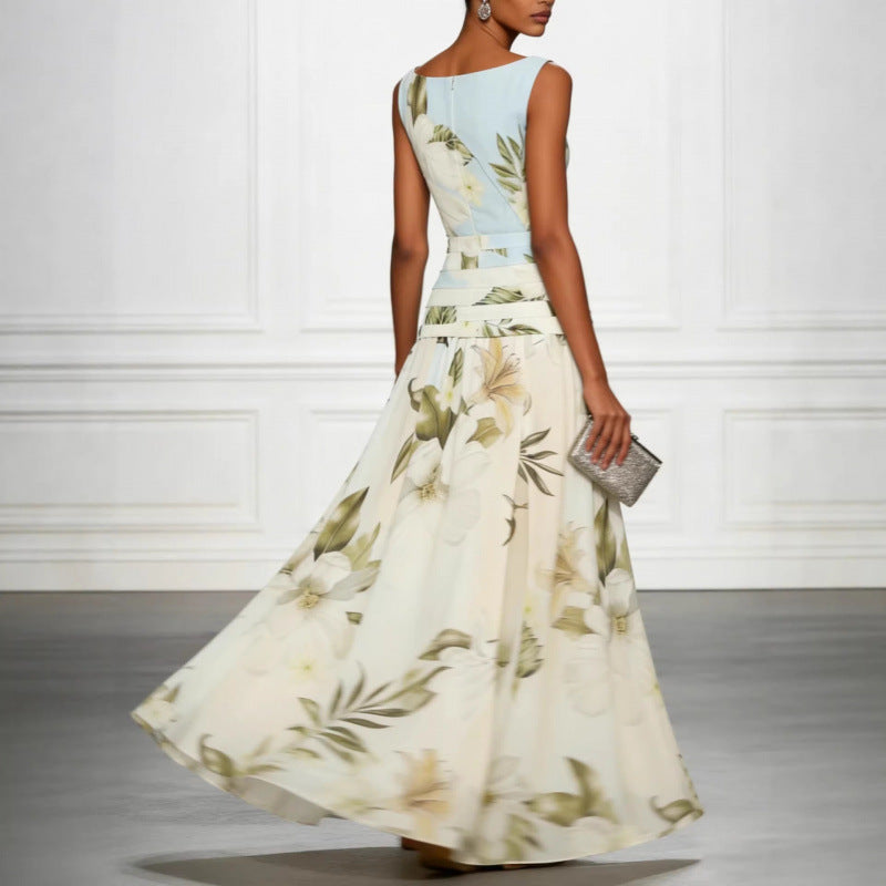 V-neck floral print women's dress sleeveless backless waist cinching long skirt
