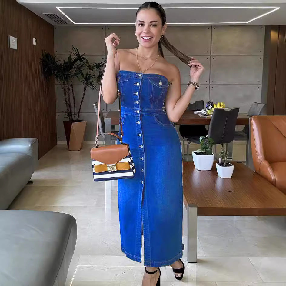 Women's Denim Dress Fashion Sexy Strapless Single-Button Split Bodycon Dress