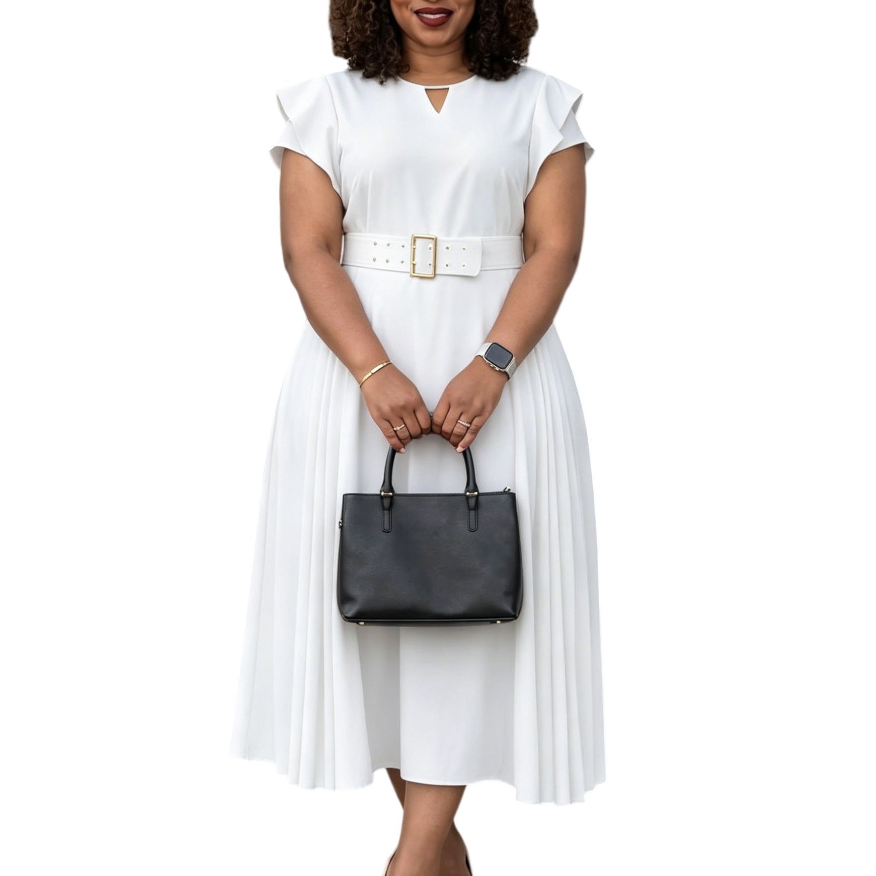 Short sleeved solid color high waist mid length dress