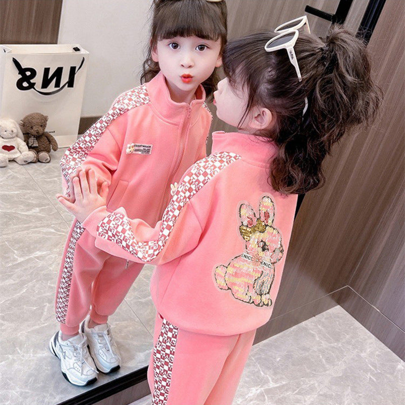 girls' two-piece set, trendy casual tracksuit jacket and hoodie outfit for kids