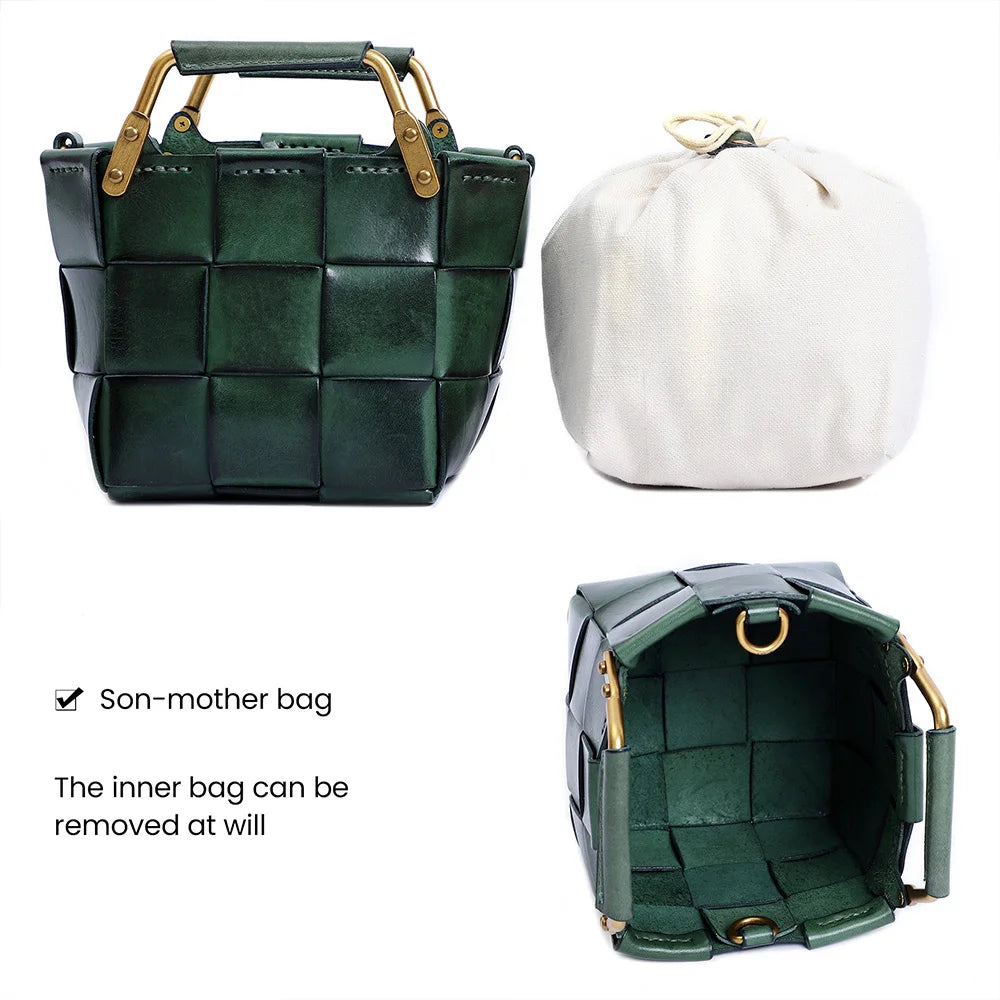 New Trendy Women Mini Calf Skin Leather Woven Clutches Basket Bag  Female Plaid Square Handbag Luxury Copy Crossbody