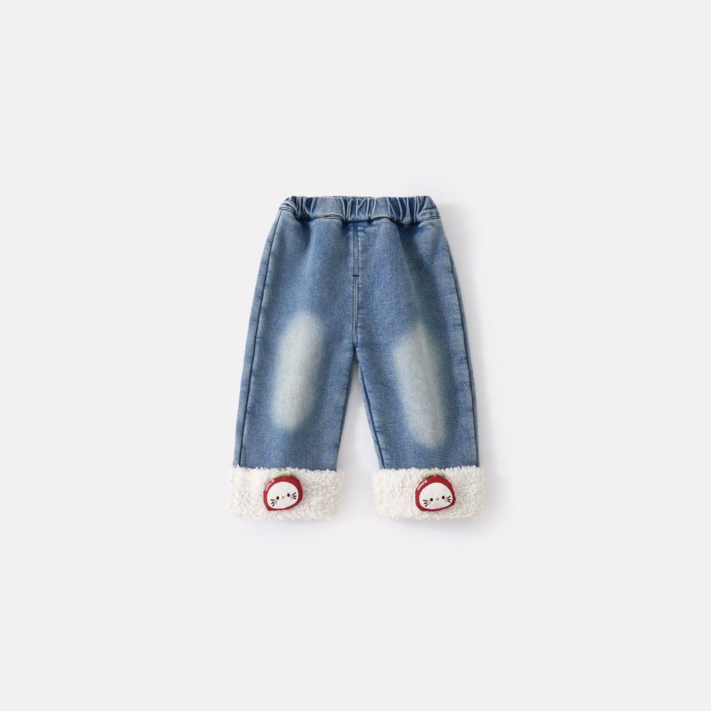 Baby Girls Fleece Lined Thick Patchwork Jeans Versatile Fluffy Wide Leg Pants