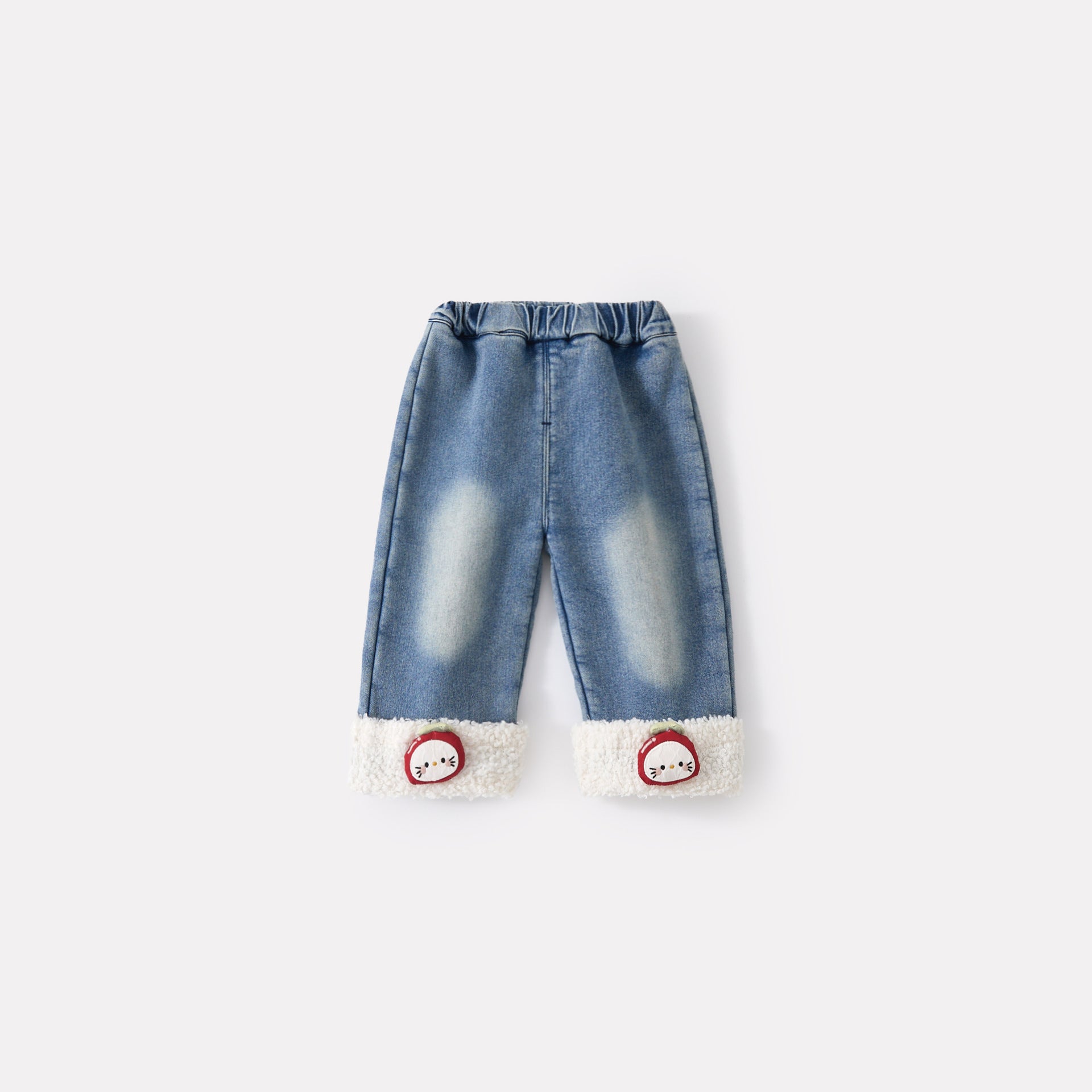 Baby Girls Fleece Lined Thick Patchwork Jeans Versatile Fluffy Wide Leg Pants