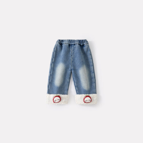 Baby Girls Fleece Lined Thick Patchwork Jeans Versatile Fluffy Wide Leg Pants