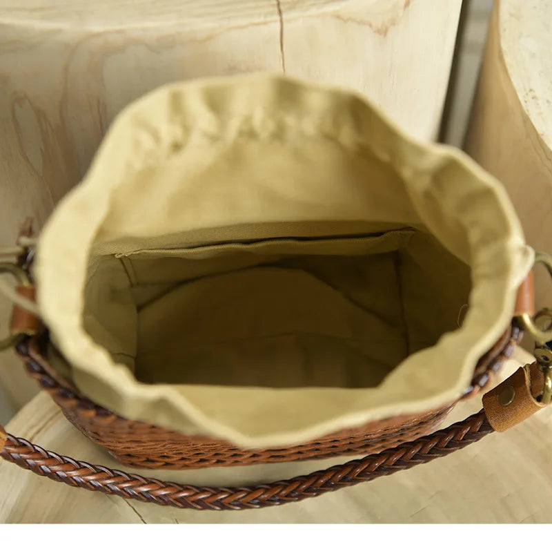 Women's Crossbody Bag Genuine Leather Literature and Art Chinese Style Small Square Bag Retro Handwoven Personalized Women's Bag