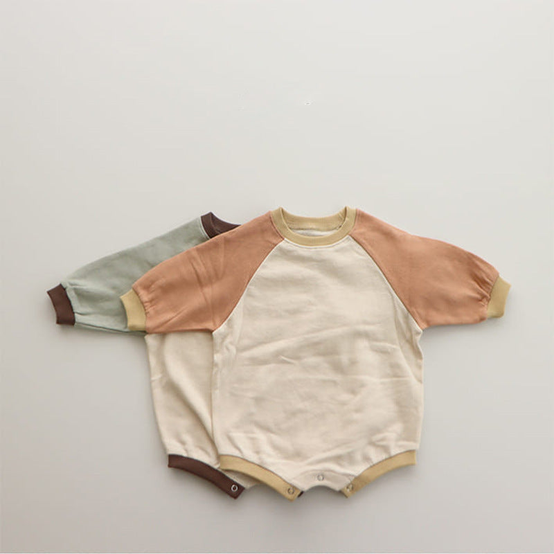 Color blocked shoulder cute cotton hoodie triangle crawling jumpsuit