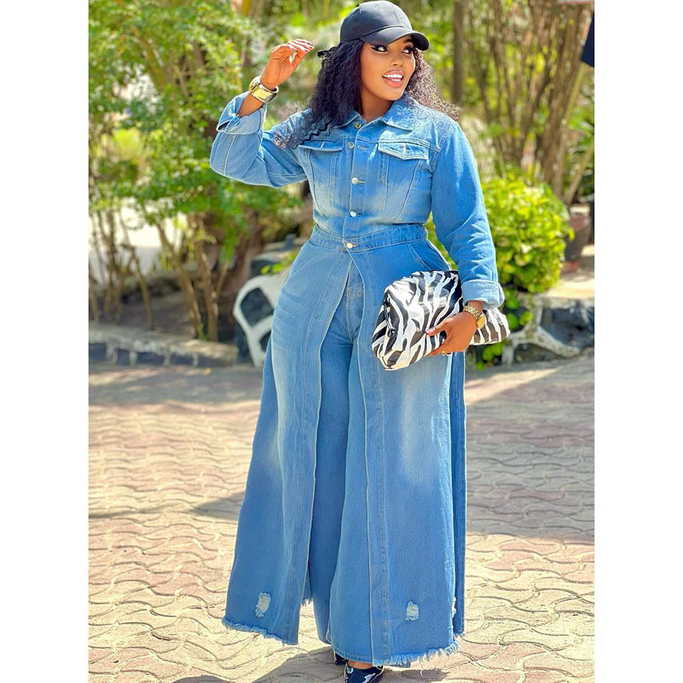 Style Loose Denim Long Coat Women's Autumn Winter Buttoned Open Front Long Sleeve Trench Coat Jacket