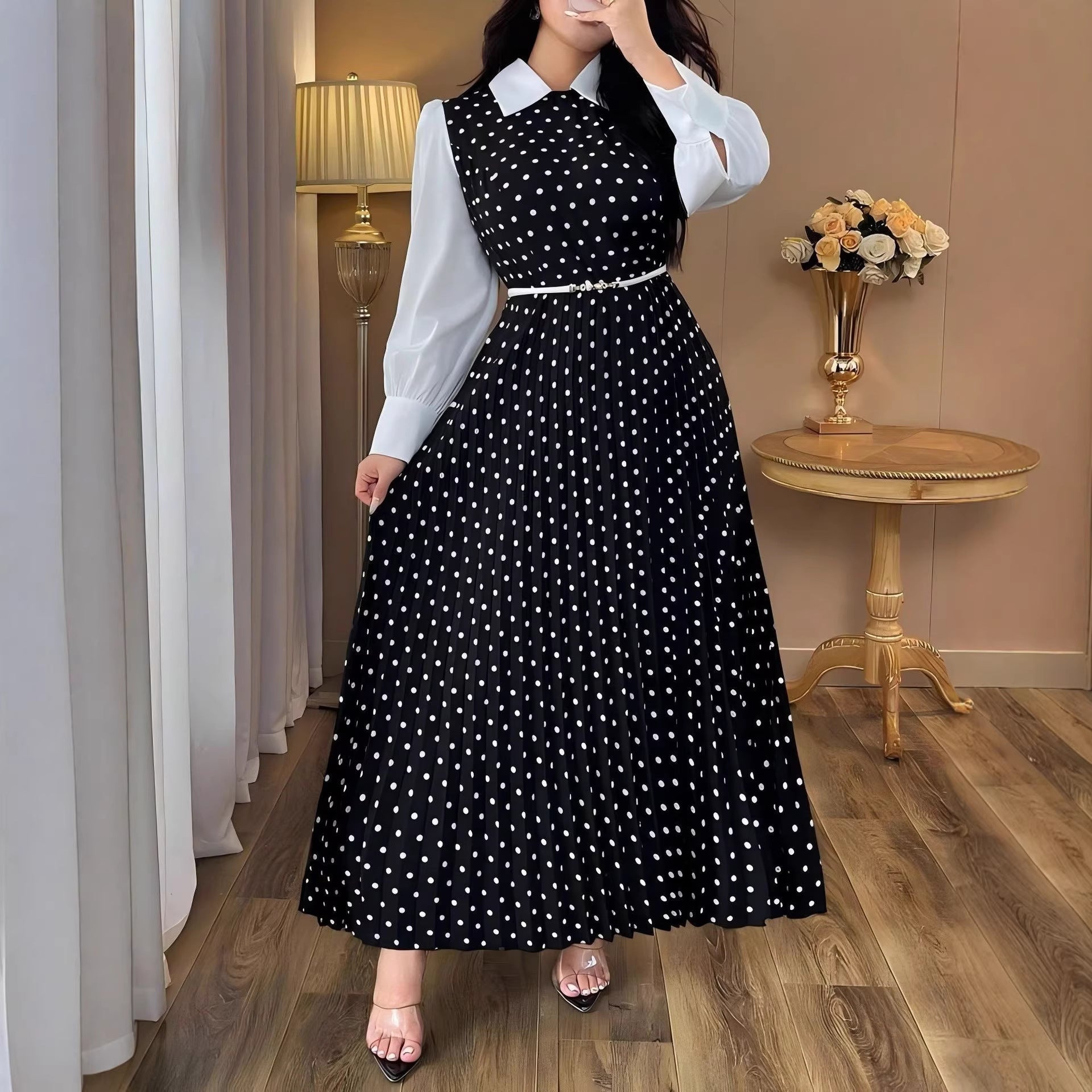 Elegant  Vintage Polka Dot High-Waisted Slim Fit Two-Piece Dress for Women