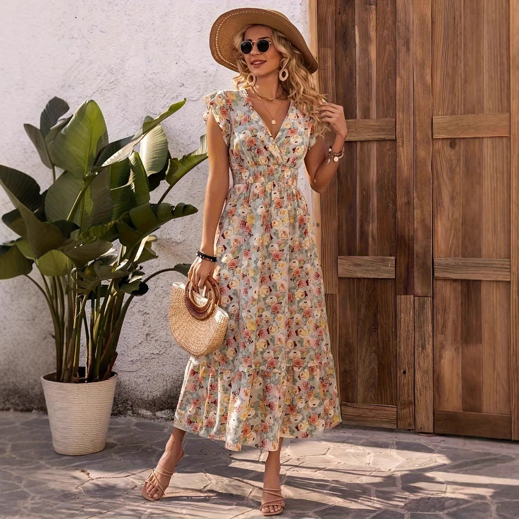 Clothing  Elegant Floral Print V-Neck Short Sleeve Fitted Dress
