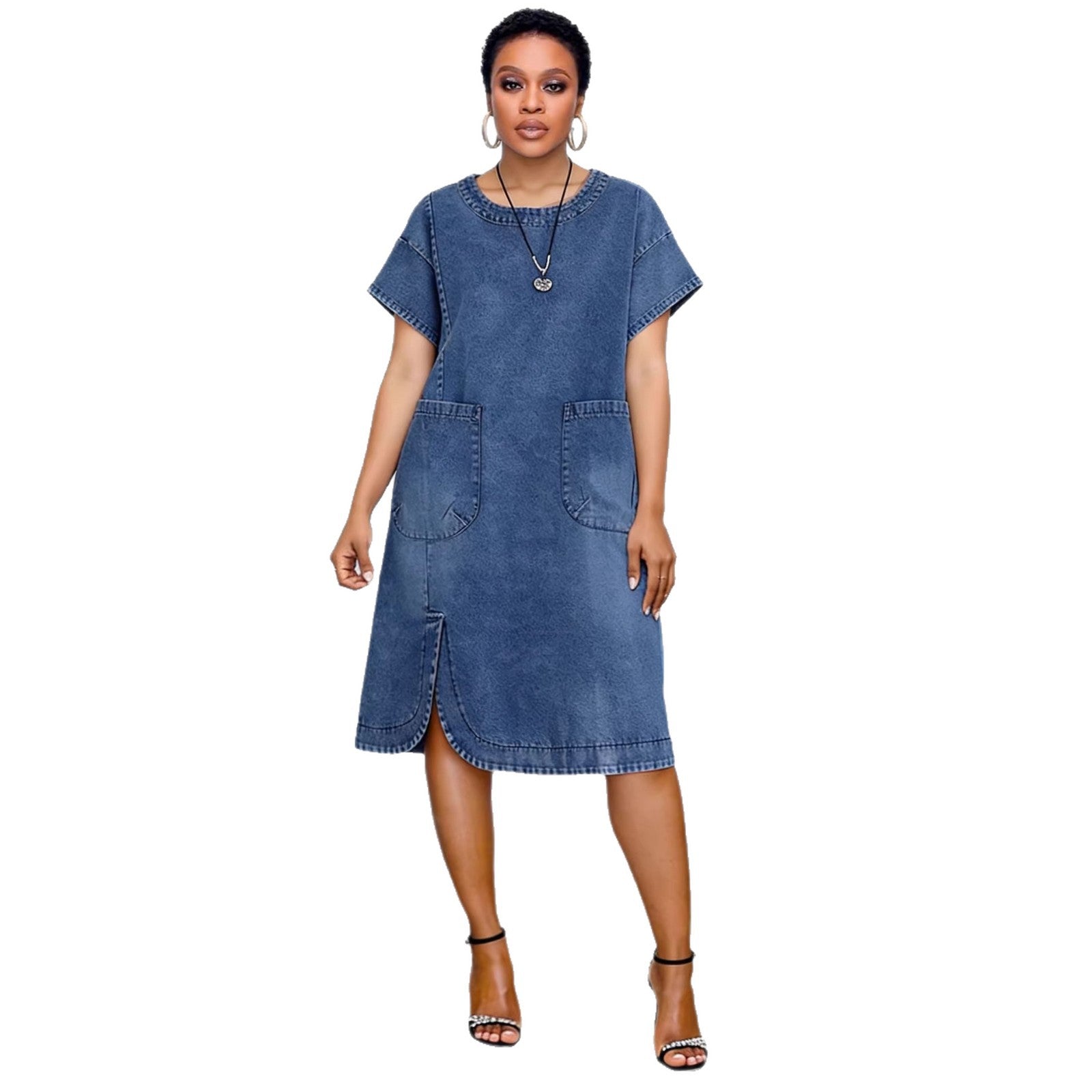 Casual Shoulder-Sleeve Short Sleeve Split Rounded Hem Denim Dress