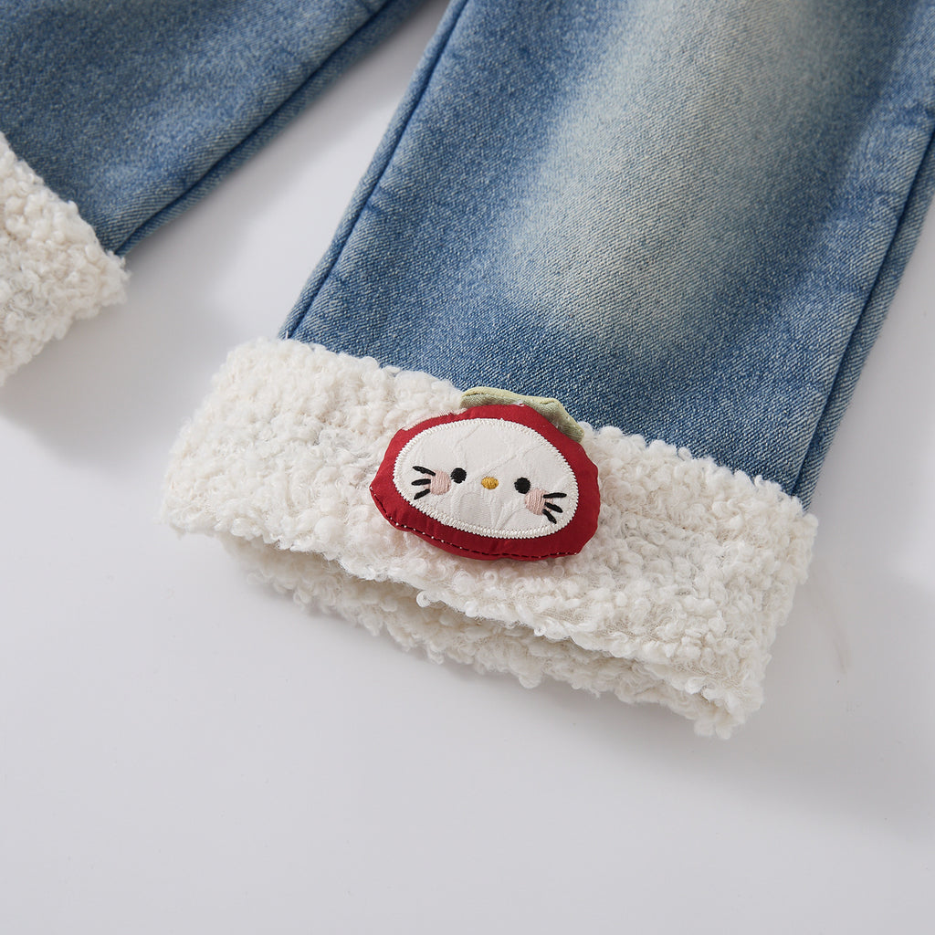 Baby Girls Fleece Lined Thick Patchwork Jeans Versatile Fluffy Wide Leg Pants