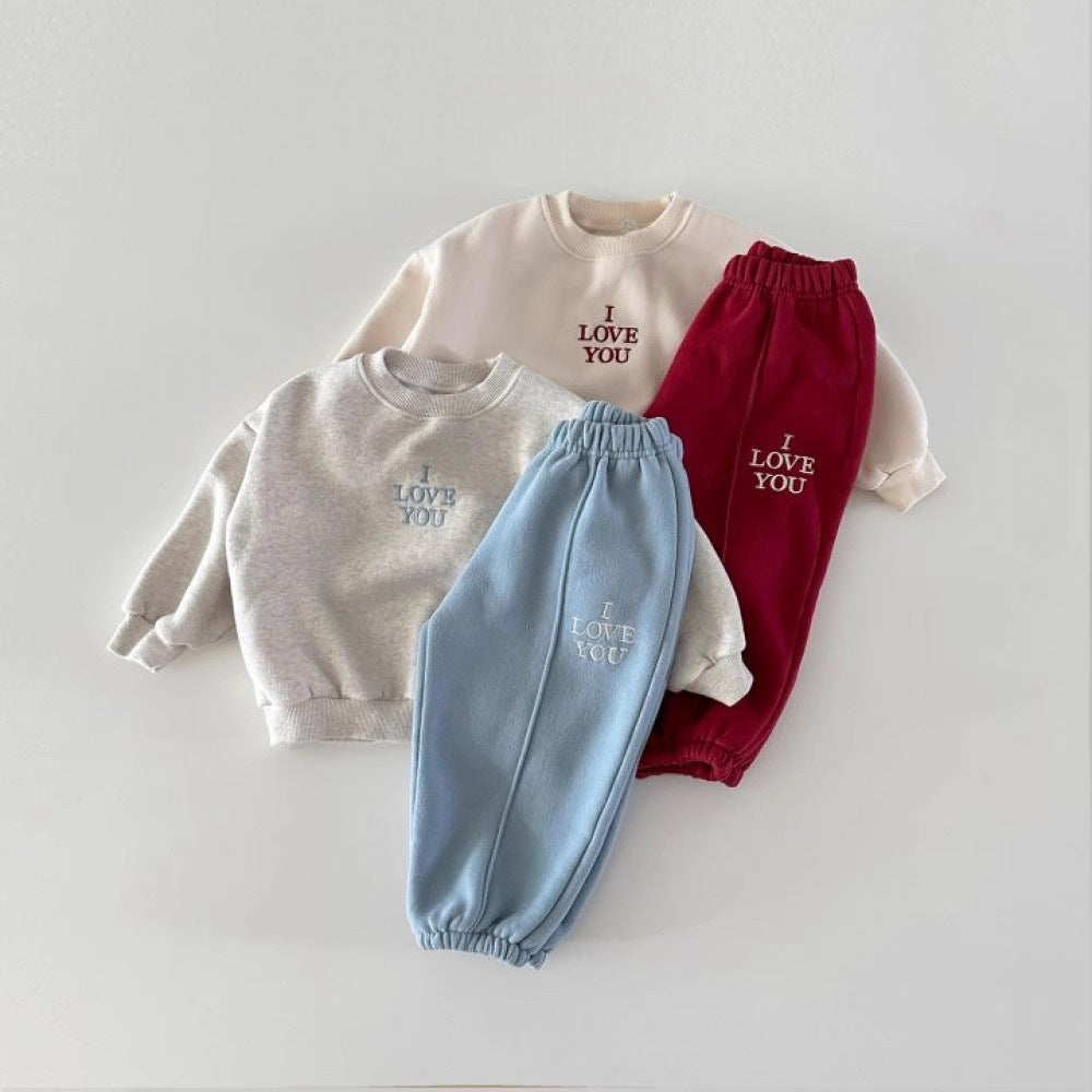 Embroidered letter color blocking casual versatile and plush two-piece set