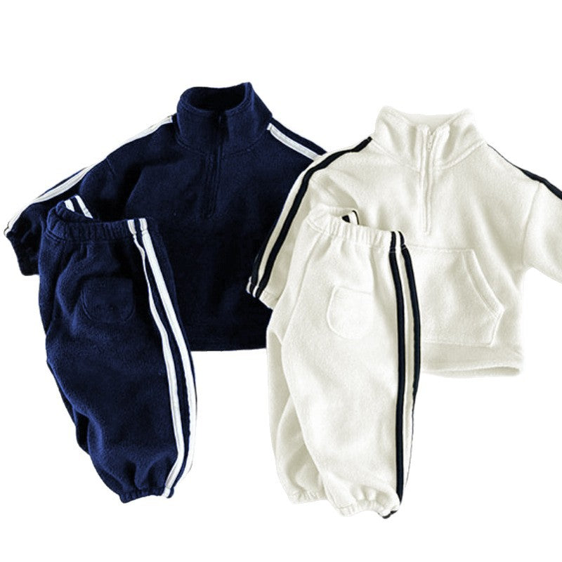 Thickened warm fleece two-piece set with color blocked edges