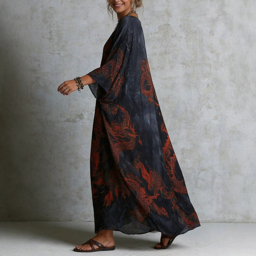 Dragon print beach vacation long dress outerwear