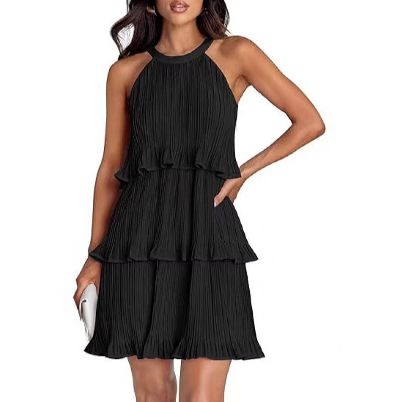 Layered Patchwork Sleeveless Dress with Pleated Hem and Hooded Design for Women