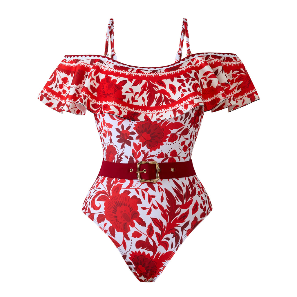 Fashion Sexy Two-Piece Swimsuit for Women with Chiffon Skirt and Vintage Print Swimwear Set