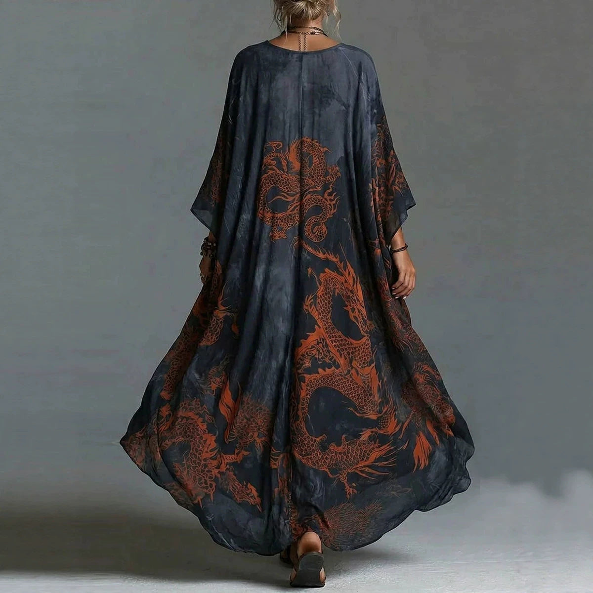 Dragon print beach vacation long dress outerwear