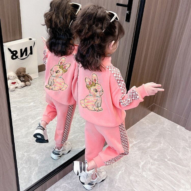 girls' two-piece set, trendy casual tracksuit jacket and hoodie outfit for kids