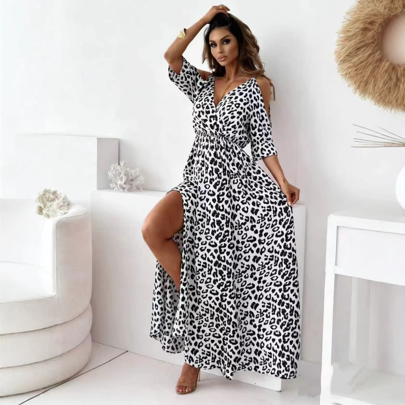 Leopard striped strap slit dress for women
