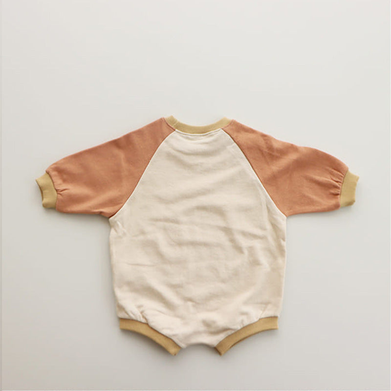 Color blocked shoulder cute cotton hoodie triangle crawling jumpsuit