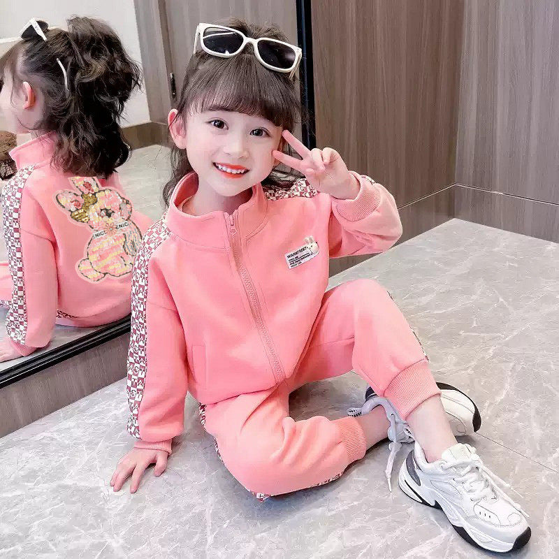 girls' two-piece set, trendy casual tracksuit jacket and hoodie outfit for kids