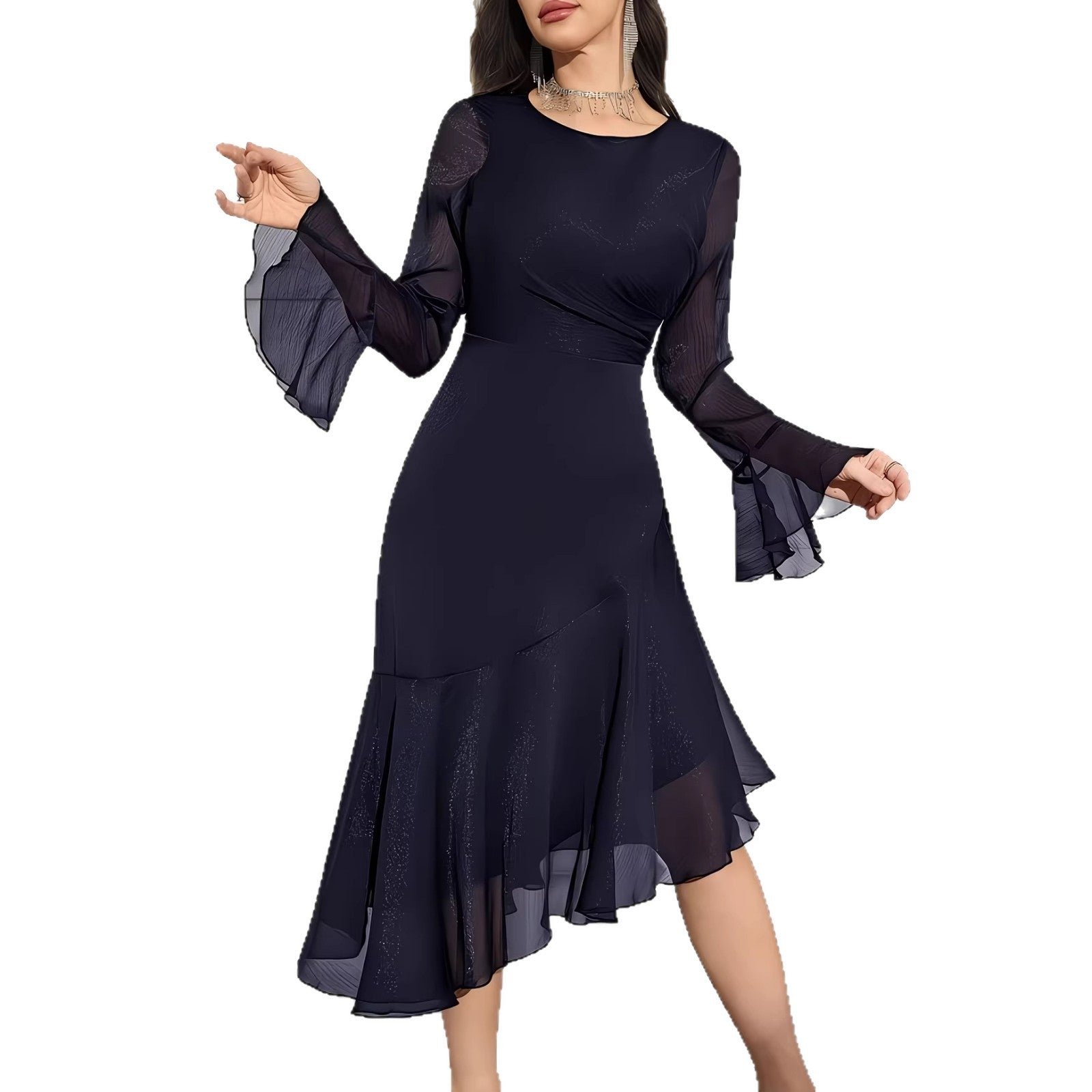 Elegant Round Neck Dress with Irregular Ruffle Pleats Slim Fit Long Sleeve New Style
