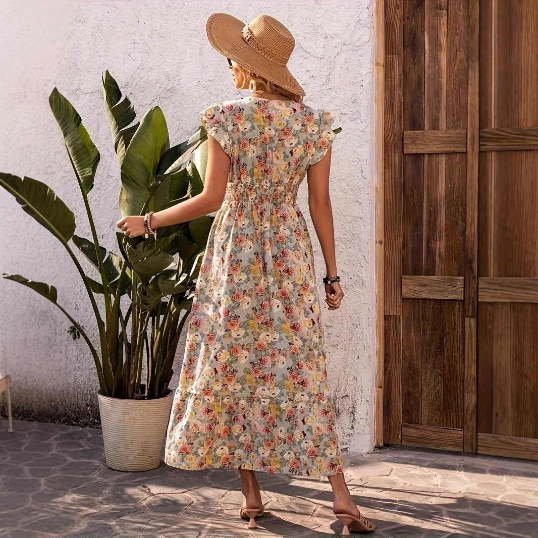 Clothing  Elegant Floral Print V-Neck Short Sleeve Fitted Dress