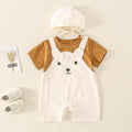 Cute and Adorable Baby Short Sleeve Onesie with Hat, Fake Two-Piece Set, Lightweight Crawling Suit