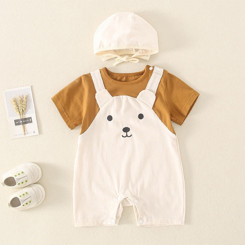 Cute and Adorable Baby Short Sleeve Onesie with Hat, Fake Two-Piece Set, Lightweight Crawling Suit