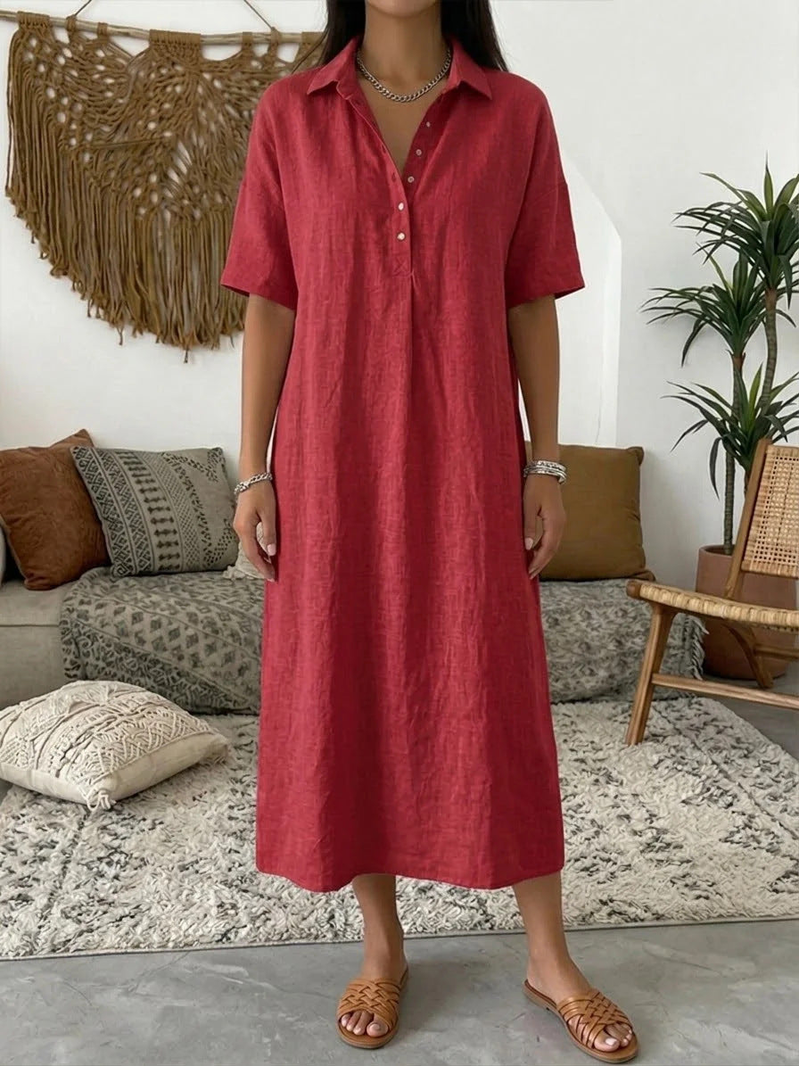 Casual Straight Fit Comfortable Linen Short Sleeve Polo Neck Dress for Women