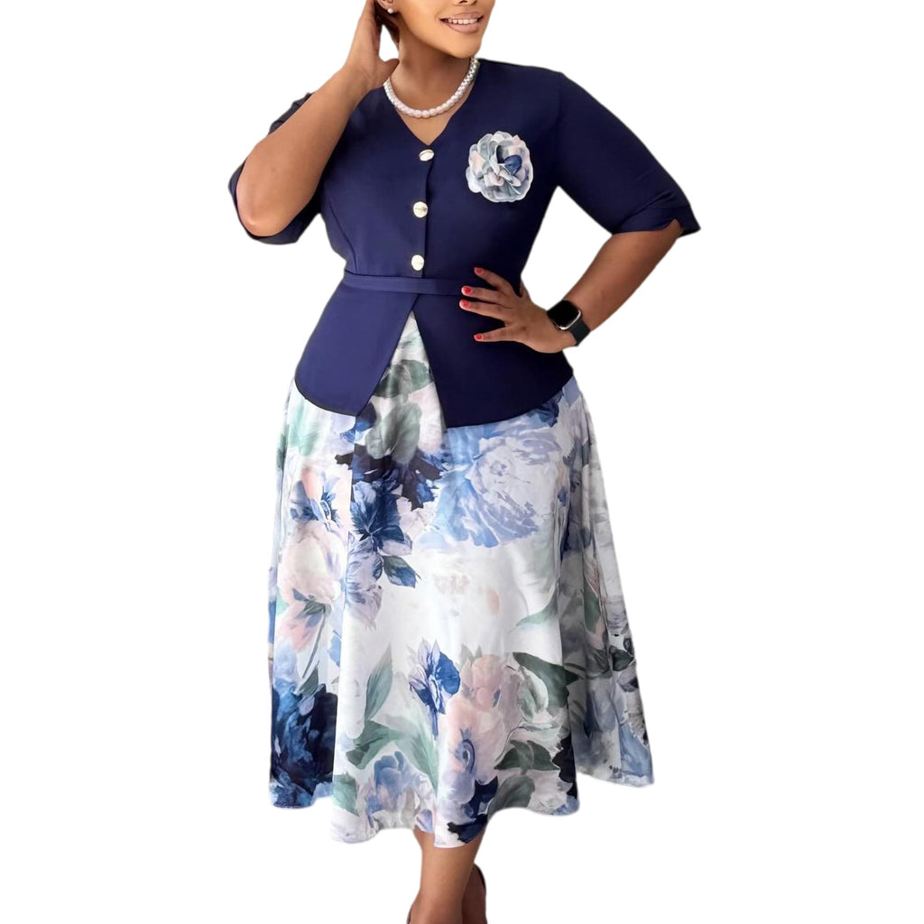 Printed patchwork five quarter sleeve dress
