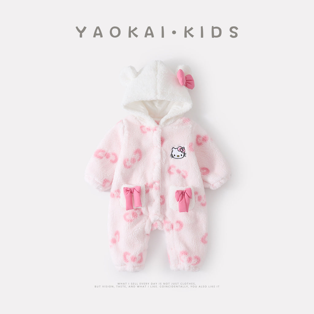 Printed Hooded Fleece Bodysuit for Baby Girls, Butterfly Print Warm Onesie