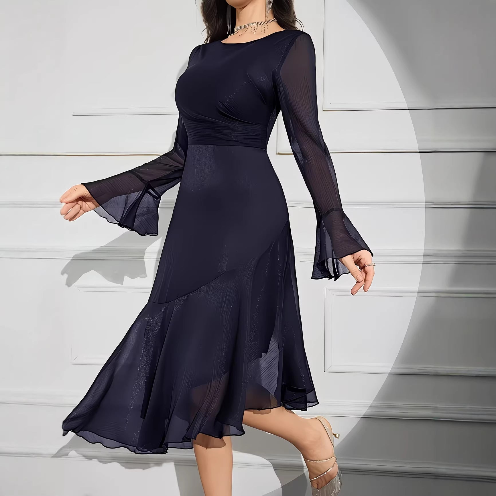 Elegant Round Neck Dress with Irregular Ruffle Pleats Slim Fit Long Sleeve New Style