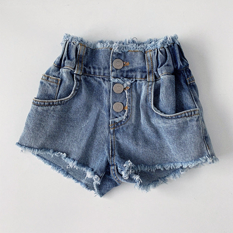 High waisted washed frayed slightly elastic denim shorts