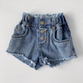 High waisted washed frayed slightly elastic denim shorts
