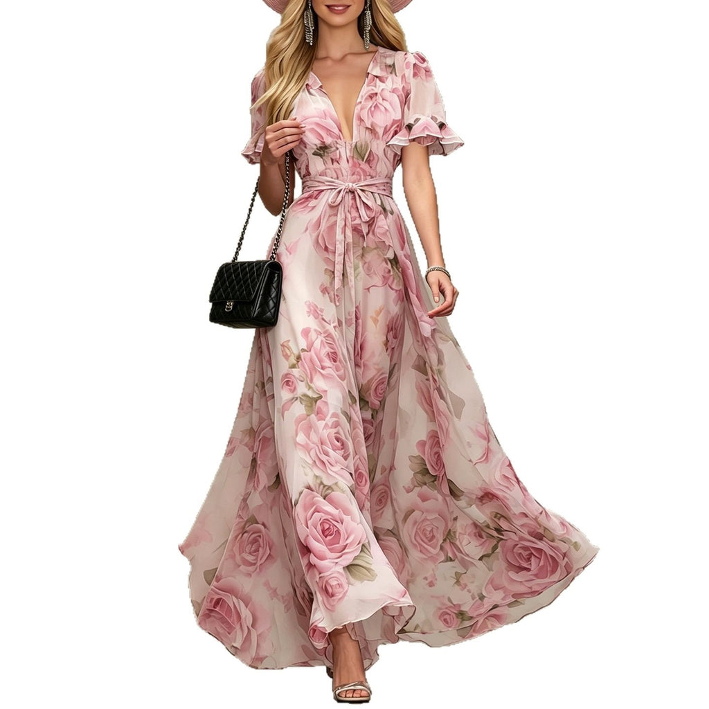 Deep V-neck ruffle sleeve printed dress