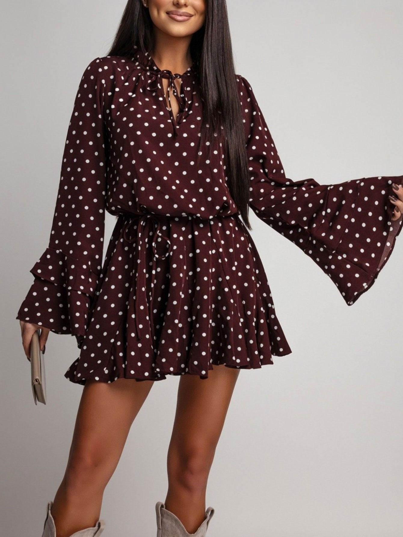 Dotted Dress French Sweet V-Neck Long Sleeve Elastic Waist Plus Size Dress