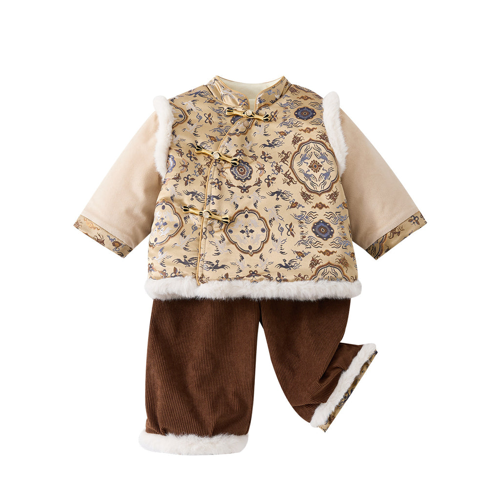 Faux Two-Piece Cotton Coat Set for Women with Embroidery Vest and Pants