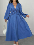Fashionable V-Neck Floral Maxi Dress with Waist Cinching, Plus Size Women's Long Dress