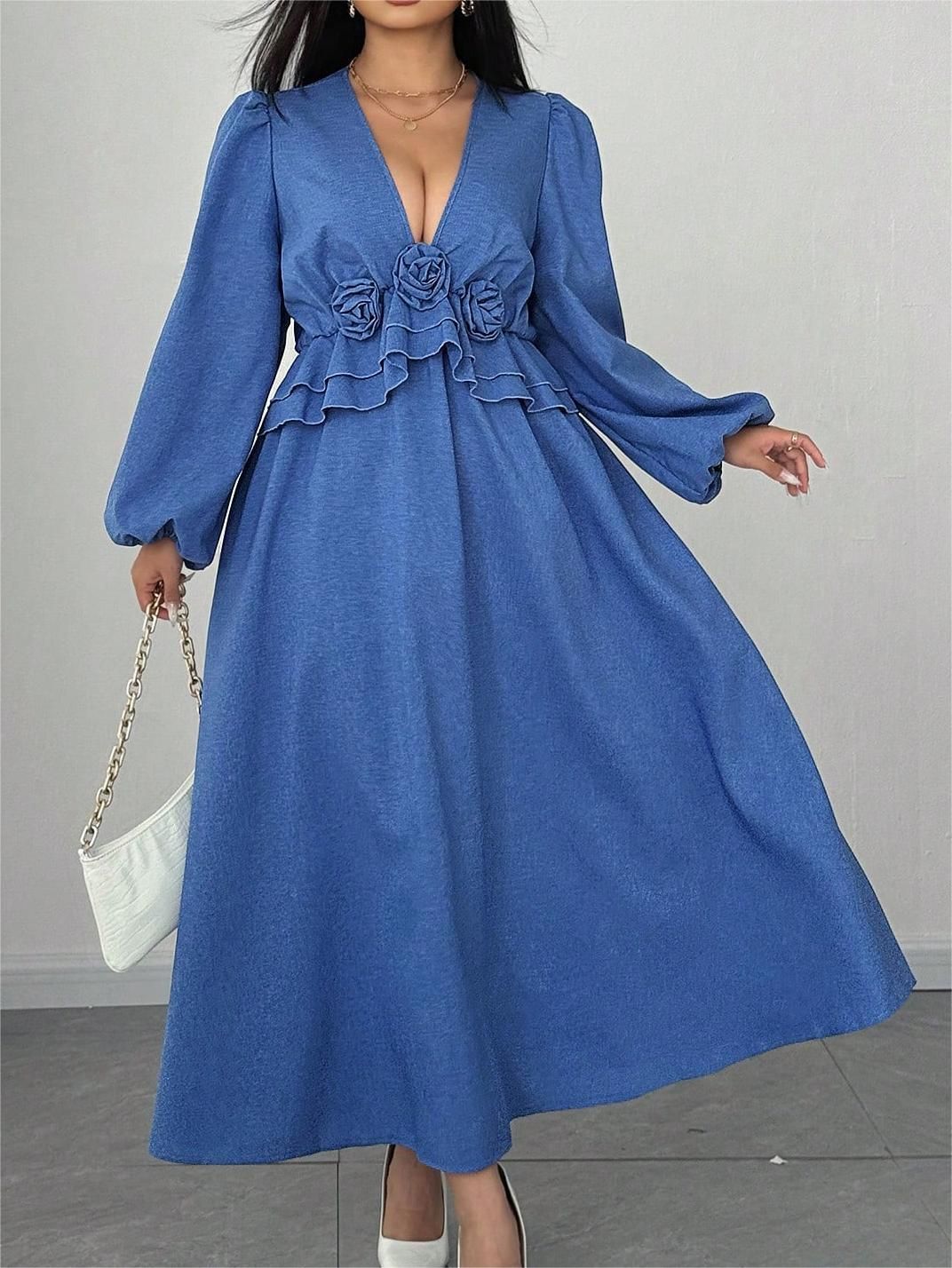 Fashionable V-Neck Floral Maxi Dress with Waist Cinching, Plus Size Women's Long Dress