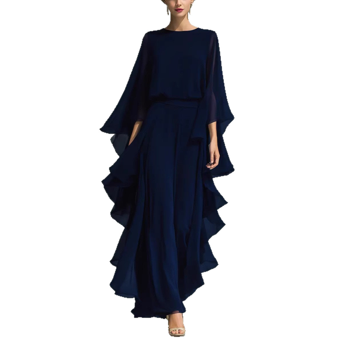 Ladies' Navy Blue Chiffon Top with Flared Sleeves and Straight Leg Pants Set with Ruffle Trim